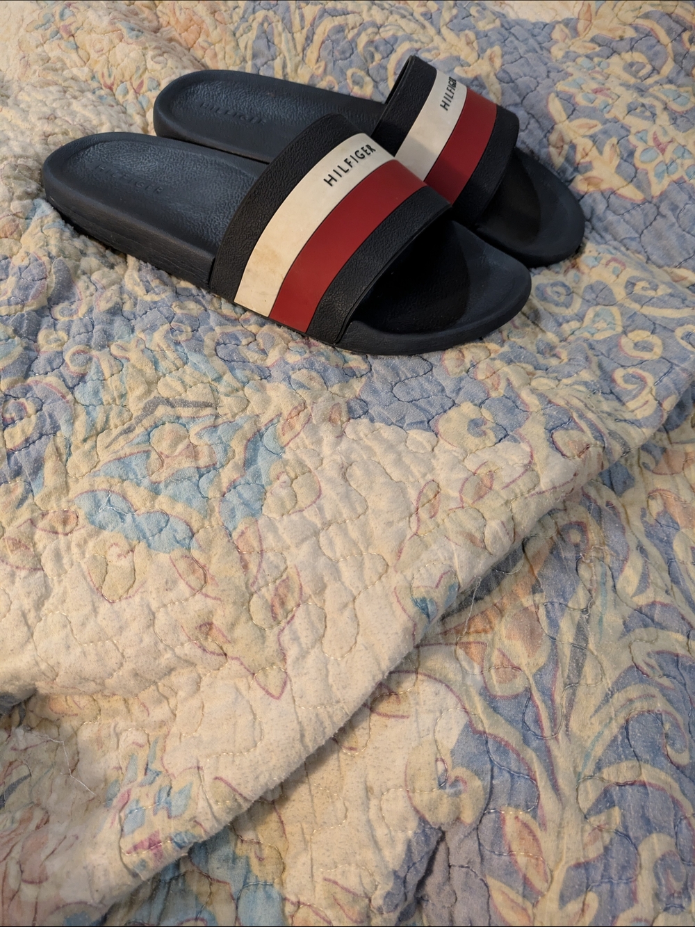 Tommy Hilfiger Earthy White Stripe Men’s Slide Sandals Slides Navy 10M